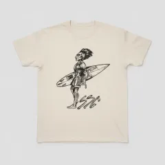 Pen and ink surfer in profile walking with a board carried under the near arm and SSC hand lettered below